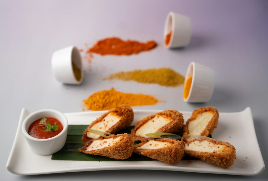 Fried tofu with spices and dipping sauce